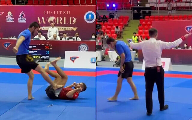 Kazakh jiujitsu fighter Aldiyar Serik, left, illegally kicks his Israeli rival Omri Haviv during the finals of the Adult Men's Under 29kg No Gi category at the Jiujitsu World Championships in Bangkok, Thailand, November 7, 2025. (Screen capture: X, used in accordance with Clause 27a of the Copyright Law) Kazakh jiujitsu fighter Aldiyar Serik, left, illegally kicks his Israeli rival Omri Haviv during the finals of the Adult Men's Under 29kg No Gi category at the Jiujitsu World Championships in Bangkok, Thailand, November 7, 2025. (Screen capture: X, used in accordance with Clause 27a of the Copyright Law)