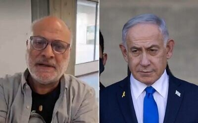 L-R: Yoram Yehudai, whose son Ron was killed at the Nova festival, in a video statement released on November 5, 2025. (Screenshot/October Council); Prime Minister Benjamin Netanyahu at the graduation of an IDF officers' course, October 30, 2025. (Noam Revkin Fenton/FLASH90)