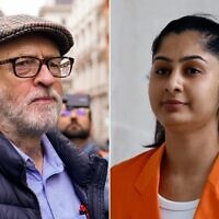 Left: Former Labour Party leader Jeremy Corbyn attends an anti-Israel demonstration in London, February 17, 2024. (AP Photo/Alberto Pezzali)/ Zarah Sultana, then a Labour MP for Coventry South, arrives for an interview with the BBC in London on July 21, 2024. (BENJAMIN CREMEL / AFP)