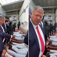 Screengrabs of a video posted to National Security Minister Itamar Ben Gvir's Telegram page on October 31, 2025, showing him next to tied-up Palestinian prisoners. (Telegram)