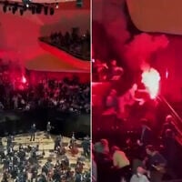 Protesters interrupt a concert given by the Israel Philharmonic Orchestra in Paris by lighting flares within the audience, on November 6, 2025. (Screenshot: X, used in accordance with Clause 27a of the Copyright Law)