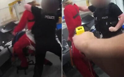 Bodycam footage from August 6, 2024, shows an officer aiming a taser gun at an intruder at Elbit UK's site in Bristol, England, after the intruder struck a police officer with a sledgehammer. (Screen capture: Channel 4)