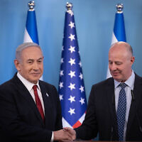 Prime Minister Benjamin Netanyahu with National Security Advisor Tzachi Hanegbi at a press conference at the Prime Minister's Office in Jerusalem, on September 28, 2023 (Chaim Goldberg/Flash90)