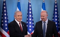 Prime Minister Benjamin Netanyahu with National Security Advisor Tzachi Hanegbi at a press conference at the Prime Minister's Office in Jerusalem, on September 28, 2023 (Chaim Goldberg/Flash90)