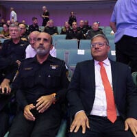 Police Commissioner Danny Levy and National Security Minister Itamar Ben Gvir seen during a ceremony at the National Police Academy in Beit Shemesh, on September 15, 2025. (Oren Ben Hakoon/ Flash90)