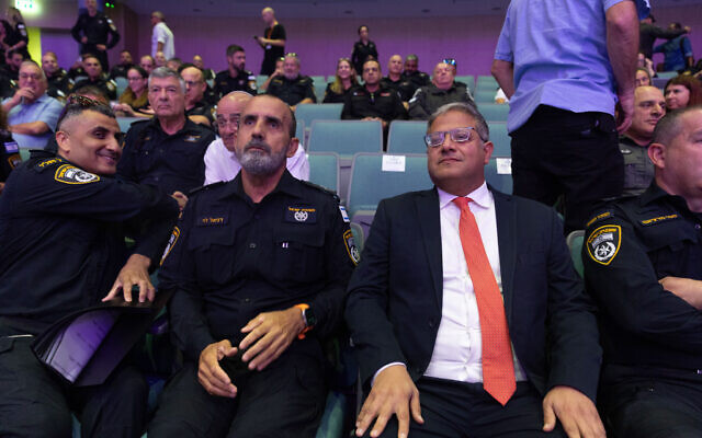 Police Commissioner Danny Levy and National Security Minister Itamar Ben Gvir seen during a ceremony at the National Police Academy in Beit Shemesh, on September 15, 2025. (Oren Ben Hakoon/ Flash90)