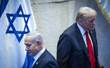 US President Donald Trump, right, with Prime Minister Benjamin Netanyahu during a special plenum session in honor of Trump at the Knesset, October 13, 2025. (Yonatan Sindel/Flash90)