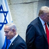 US President Donald Trump, right, with Prime Minister Benjamin Netanyahu during a special plenum session in honor of Trump at the Knesset, October 13, 2025. (Yonatan Sindel/Flash90)