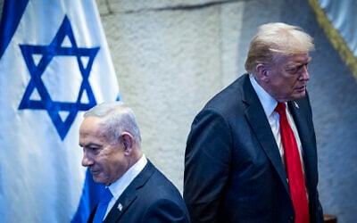 US President Donald Trump, right, with Prime Minister Benjamin Netanyahu during a special plenum session in honor of Trump at the Knesset, October 13, 2025. (Yonatan Sindel/Flash90)