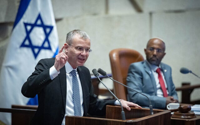 Justice Minister Yariv Levin attends a session at the Knesset in Jerusalem, October 29, 2025. (Chaim Goldberg/Flash90) Justice Minister Yariv Levin attends a session at the Knesset in Jerusalem, October 29, 2025. (Chaim Goldberg/Flash90)