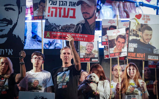 Activists protest at Hostages Square in Tel Aviv, calling for the release of bodies of hostages held by Hamas, November 1, 2025. (Miriam Alster/Flash90) Activists protest at Hostages Square in Tel Aviv, calling for the release of bodies of hostages held by Hamas, November 1, 2025. (Miriam Alster/Flash90)