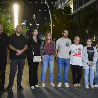 Relatives of hostages held in Gaza speak to the media after a meeting with Gal Hirsch, the government pointman on hostages, in Bnei Brak, November 3, 2025. (Avshalom Sassoni/Flash90)
