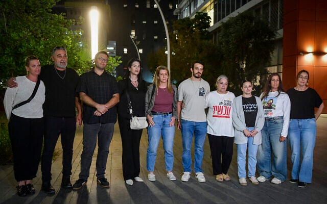 Relatives of hostages held in Gaza speak to the media after a meeting with Gal Hirsch, the government pointman on hostages, in Bnei Brak, November 3, 2025. (Avshalom Sassoni/Flash90)