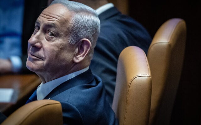 Prime Minister Benjamin Netanyahu in the Knesset on November 10, 2025. (Yonatan Sindel/Flash90)