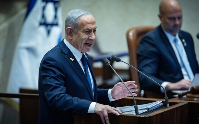Prime Minister Benjamin Netanyahu speaks during a '40-signature' debate at the Knesset in Jerusalem, on November 10, 2025. (Yonatan Sindel/Flash90)