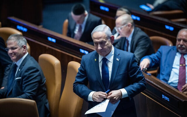 Prime Minister Benjamin Netanyahu during a '40-signature' debate at the Knesset in Jerusalem, on November 10, 2025. (Yonatan Sindel/Flash90)
