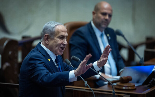 Prime Minister Benjamin Netanyahu at a 40 signatures debate in the Knesset on November 10, 2025 (Yonatan Sindel/Flash90)