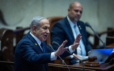Prime Minister Benjamin Netanyahu speaks during a debate at the Knesset in Jerusalem, November 10, 2025. (Yonatan Sindel/Flash90) Prime Minister Benjamin Netanyahu speaks during a debate at the Knesset in Jerusalem, November 10, 2025. (Yonatan Sindel/Flash90)