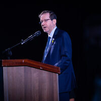 President Isaac Herzog attends a  conference in Jerusalem, November 17, 2025 (Yonatan Sindel/Flash90)