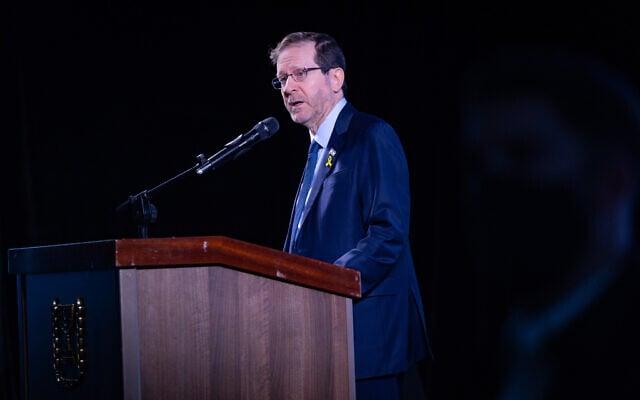 President Isaac Herzog attends a  conference in Jerusalem, November 17, 2025 (Yonatan Sindel/Flash90)