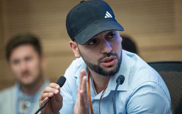 Right-wing activist Mordechai David attends a National Security committee meeting at the Knesset, November 24, 2025. (Chaim Goldberg/Flash90)