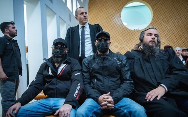 IDF soldiers accused of abusing a Palestinian detainee at the Sde Teiman detention facility appear at a High Court hearing on the investigation into the leak of the video showing the alleged abuse, at the High Court in Jerusalem, November 27, 2025. (Yonatan Sindel/Flash90)