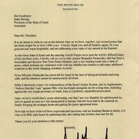 The letter sent by US President DOnald Trump to President Isaac Herzog, asking the Israeli head of state to pardon Prime Minister Benjamin Netanyahu in his criminal trial, released November 12, 2025