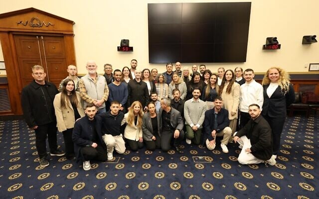 A delegation of hostage families poses with members of Congress on Capitol Hill on November 19, 2025. (Shmulik Almani/Israeli Embassy in Washington) A delegation of hostage families poses with members of Congress on Capitol Hill on November 19, 2025. (Shmulik Almani/Israeli Embassy in Washington)