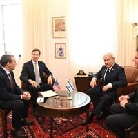 Prime Minister Benjamin Netanyahu (second from right) and Strategic Affairs Minister Ron Dermer (right) meet with top White House adviser Jared Kushner (second from left) and US adviser Aryeh Lightstone (left) meet in Jerusalem on November 10, 2025. (Haim Zach/GPO)