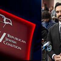 A sign for the Republican Jewish Coalition convention in Las Vegas, November 1, 2025. (Joseph Strauss); NYC mayoral candidate Zohran Mamdani campaigns in Brooklyn, November 1, 2025. (Stephanie Keith/Getty Images via JTA)