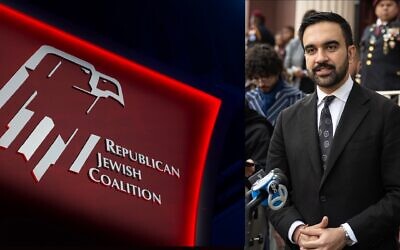 A sign for the Republican Jewish Coalition convention in Las Vegas, November 1, 2025. (Joseph Strauss); NYC mayoral candidate Zohran Mamdani campaigns in Brooklyn, November 1, 2025. (Stephanie Keith/Getty Images via JTA)