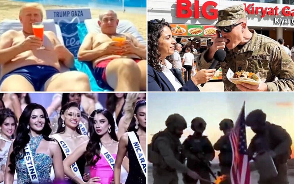 Clockwise from top left: US President Donald Trump and Prime Minister Benjamin Netanyahu purportedly on a Gaza beach in a screenshot from an AI-generated video posted by Trump to his Truth Social platform on February 26, 2025; Screenshot from an AI-generated video purportedly showing a US soldier with a reporter, eating falafel, distributed by the Kiryat Gat municipality, October 22, 2025; Screenshot from an AI-generated video posted on November 21, 2025, purporting to show Israeli soldiers burning an American flag; Screenshot from an apparently manipulated video posted on November 9, 2025, purporting to show Miss Israel glaring at Miss Palestine in a beauty contest. (Screenshots via X; used in accordance with clause 27a of the copyright law) Clockwise from top left: US President Donald Trump and Prime Minister Benjamin Netanyahu purportedly on a Gaza beach in a screenshot from an AI-generated video posted by Trump to his Truth Social platform on February 26, 2025; Screenshot from an AI-generated video purportedly showing a US soldier with a reporter, eating falafel, distributed by the Kiryat Gat municipality, October 22, 2025; Screenshot from an AI-generated video posted on November 21, 2025, purporting to show Israeli soldiers burning an American flag; Screenshot from an apparently manipulated video posted on November 9, 2025, purporting to show Miss Israel glaring at Miss Palestine in a beauty contest. (Screenshots via X; used in accordance with clause 27a of the copyright law)