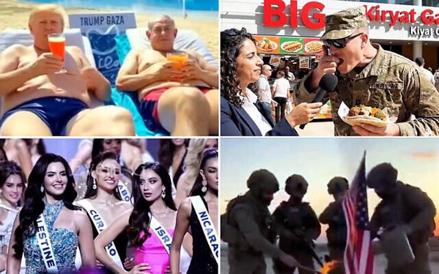 Clockwise from top left: US President Donald Trump and Prime Minister Benjamin Netanyahu purportedly on a Gaza beach in a screenshot from an AI-generated video posted by Trump to his Truth Social platform on February 26, 2025; Screenshot from an AI-generated video purportedly showing a US soldier with a reporter, eating falafel, distributed by the Kiryat Gat municipality, October 22, 2025; Screenshot from an AI-generated video posted on November 21, 2025, purporting to show Israeli soldiers burning an American flag; Screenshot from an apparently manipulated video posted on November 9, 2025, purporting to show Miss Israel glaring at Miss Palestine in a beauty contest. (Screenshots via X; used in accordance with clause 27a of the copyright law)