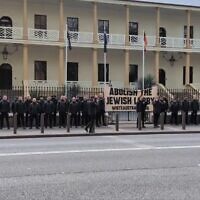 A neo-Nazi protest takes place outside of Australia's New South Wales parliament, November 8, 2025. (Screen capture via X, used in accordance with Clause 27a of the Copyright Law)