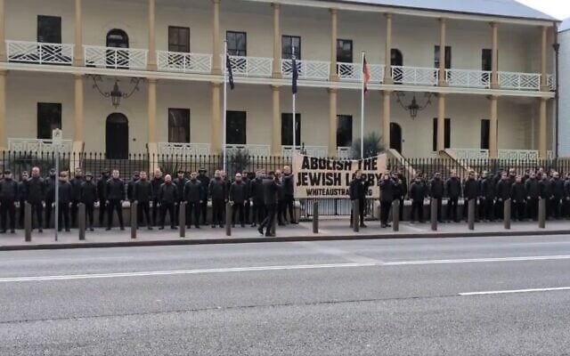 A neo-Nazi protest takes place outside of Australia's New South Wales parliament, November 8, 2025. (Screen capture via X, used in accordance with Clause 27a of the Copyright Law)
