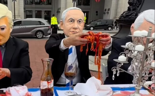 A performer wearing the mask of Prime Minister Benjamin Netanyahu is seen in a video that echoes the antisemitic blood libel at Washington, DC's Union Station on November 20, 2025. (Screen capture/Instagram)