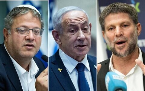 A composite photo shows National Security Minister Itamar Ben Gvir (L), Prime Minister Benjamin Netanyahu (C), and Finance Minister Bezalel Smotrich (R). (Yonatan Sindel/Flash 90)