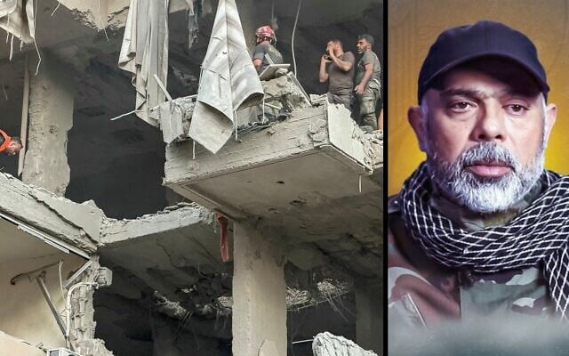 Left: Rescuers search for survivors at the site of an airstrike that killed Hezbollah's military chief in a residential building in Beirut's southern Haret Hreik neighborhood on November 23, 2025. (Ibrahim Amro/AFP); Right: Hezbollah military chief Haytham Ali Tabatabai, in a poster issued by the terror group after his death. (Hezbollah Media Office)