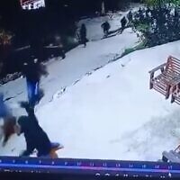 Attackers seen on CCTV footage during an alleged attack by settler extremists on the Palestinian town of Jaba in the West Bank, November 17, 2025. (Screenshot/X; used in accordance with Clause 27a of the Copyright Law)