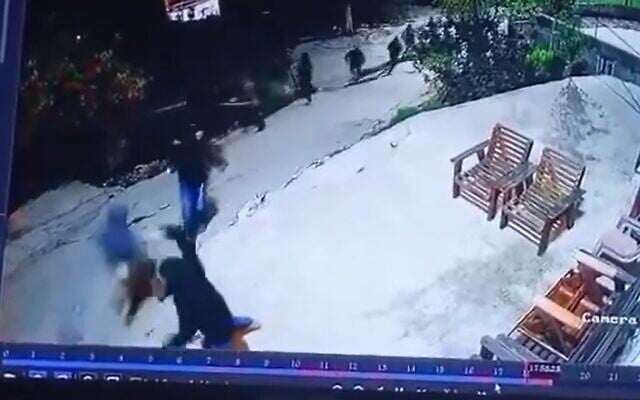Attackers seen on CCTV footage during an alleged attack by settler extremists on the Palestinian town of Jaba in the West Bank, November 17, 2025. (Screenshot/X; used in accordance with Clause 27a of the Copyright Law)