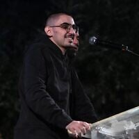 Freed hostage Rom Braslavski addresses a rally at Hostages Square in Tel Aviv calling for the release of the remaining hostages held by Hamas, November 8, 2025.(Lior Rotstein / Hostages and Missing Families Forum)