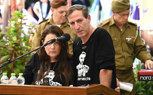 Ruby Chen eulogizes his son, slain hostage soldier Itay Chen, at his funeral in Tel Aviv, on November 9, 2025. (Uriel Even Sapir/Hostages and Missing Families Forum)