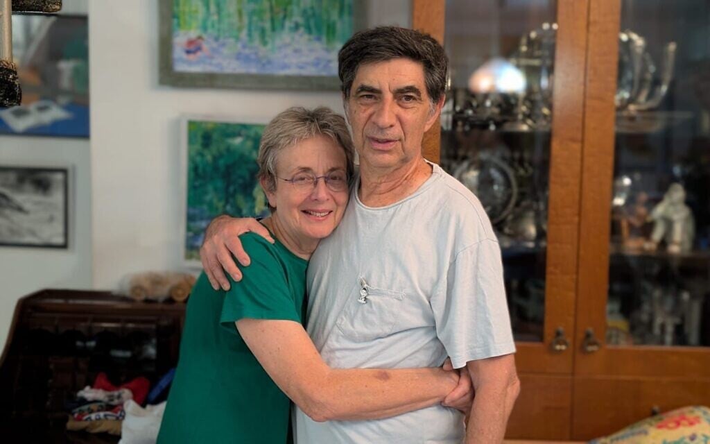 Leah and Simcha Goldin, parents of fallen soldier Hadar Goldin, upon receiving the news of the return and official identification of their son, Lt. Hadar Goldin, after 11 year years in Gaza, November 9, 2025. (Courtesy Ben Gutman)