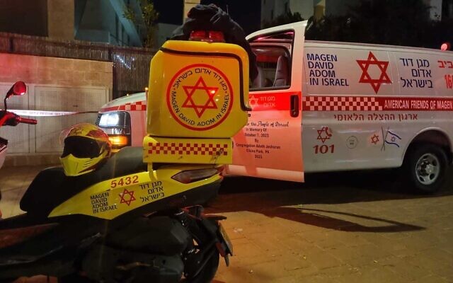 First responders at the scene in Herzliya, where a 15-year-old boy was critically injured after falling from a height, November 26, 2025. (Magen David Adom) First responders at the scene in Herzliya, where a 15-year-old boy was critically injured after falling from a height, November 26, 2025. (Magen David Adom)