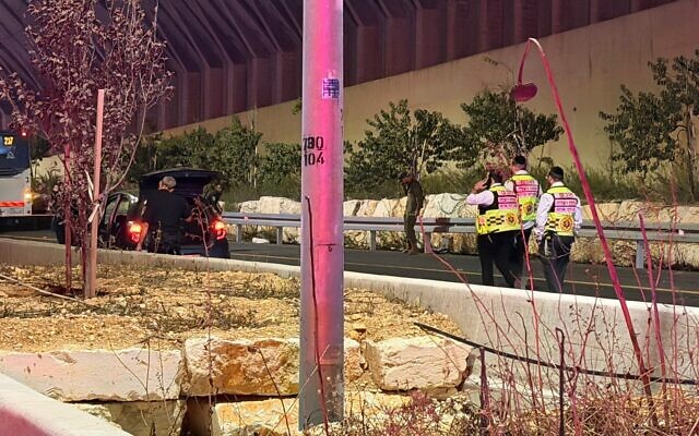 First responders at the Tunnels Checkpoint near Jerusalem, where an off-duty soldier shot a Palestinian suspected of attempting to cross into Israel illegally, November 27, 2025. (Courtesy; used in accordance with Clause 27a of the Copyright Law) First responders at the Tunnels Checkpoint near Jerusalem, where an off-duty soldier shot a Palestinian suspected of attempting to cross into Israel illegally, November 27, 2025. (Courtesy; used in accordance with Clause 27a of the Copyright Law)