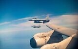 An Israeli Air Force refueling plane flies alongside Hellenic Air Force fighter jets during a drill over Greece, November 3, 2025. (Israel Defense Forces)