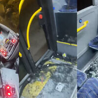 Damage caused to a bus by Haredi demonstrators during an anti-draft protest in Jerusalem on November 6, 2025. (Courtesy/Bus Drivers Association)