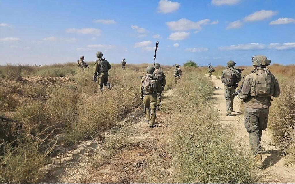 IDF soldiers in the Harel Brigade operate near the Yellow Line in Khan Younis, southern Gaza, in an image published on November 5, 2025. (Israel Defense Forces)