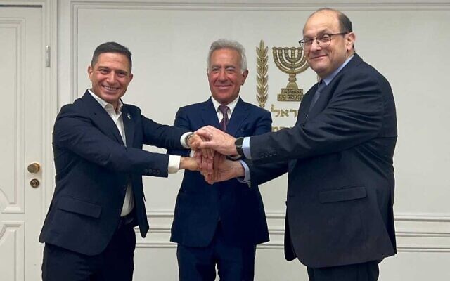 From left to right, Beersheba Mayor Ruvik Danilovich, Sylvan Adams, and Prof. Shlomi Codish, director of Soroka Medical Center, on November 2, 2025 (Courtesy) From left to right, Beersheba Mayor Ruvik Danilovich, Sylvan Adams, and Prof. Shlomi Codish, director of Soroka Medical Center, on November 2, 2025 (Courtesy)