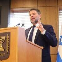 Finance Minister Bezalel Smotrich speaks at a press conference on Nov. 2 in Jerusalem. (Courtesy of Finance Ministry)